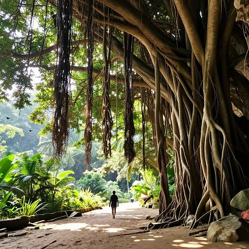 Photograph of a lone figure walking under massive, hanging banyan tree roots in a sunlit, lush, tropical forest path.