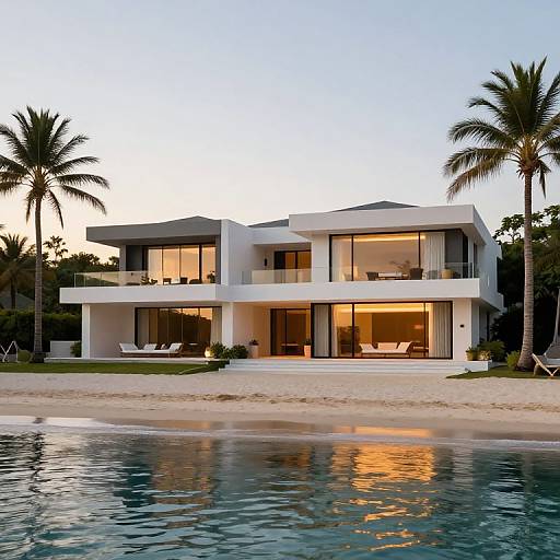 Photograph of a modern, white, two-story beach house with large glass windows, palm trees, sandy shore, and calm ocean water at sunset.