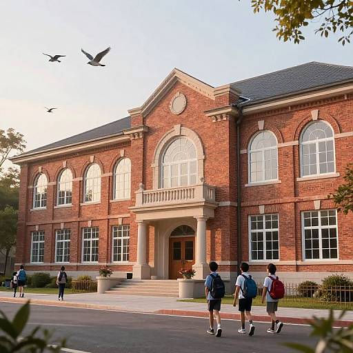 Photograph of a red-brick, two-story school building with arched windows, a central entrance, and three students walking in front. Birds fly