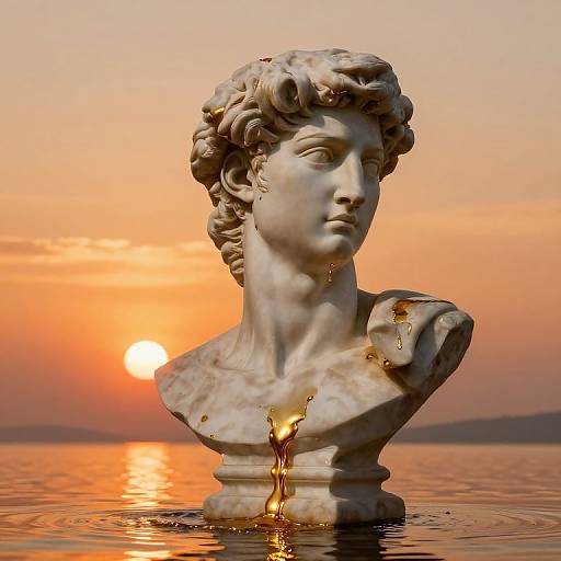 Photograph of a classical marble statue of a young man with curly hair, partially submerged in water at sunset. Golden liquid drips from his shoulders,