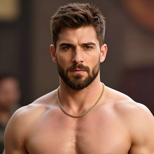 Muscular Shirtless Man with Beard and Necklace