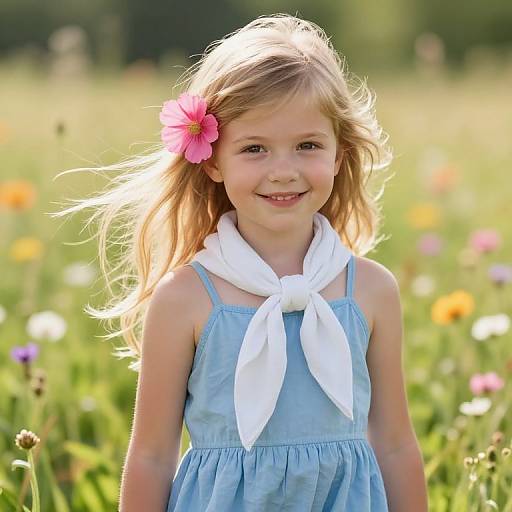 Photograph of a smiling young girl with blonde hair, pink hibiscus flower, wearing a blue dress and white scarf, standing in a sun