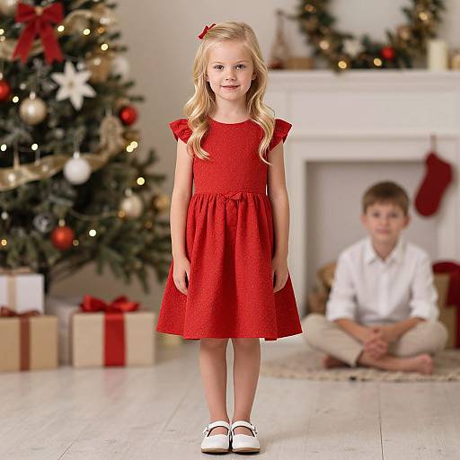 Photograph of a blonde girl in a red dress with puffed sleeves, standing in front of a Christmas tree and fireplace, with a boy in a
