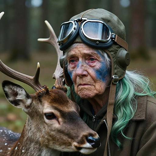 Photograph of an elderly person with green hair, goggles, and face paint, embracing a deer in a forest, wearing a green helmet.