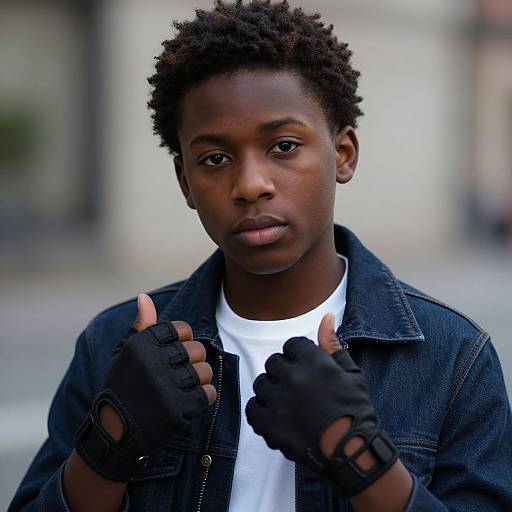 Photograph of a young Black boy with short curly hair, wearing a denim jacket, white t-shirt, and black fingerless gloves, giving thumbs up