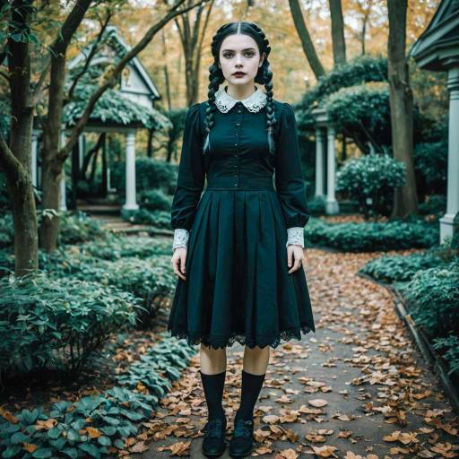 Woman in Wednesday Addams Inspired Dress in Garden