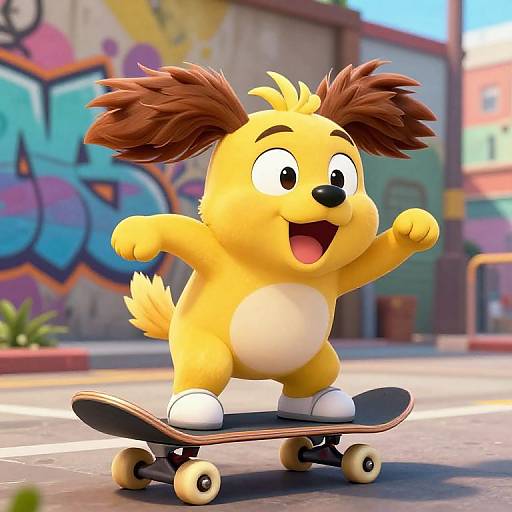 3D CGI image of a cheerful, yellow, cartoon dog with brown ears skateboarding on a sunny, graffiti-covered urban street.