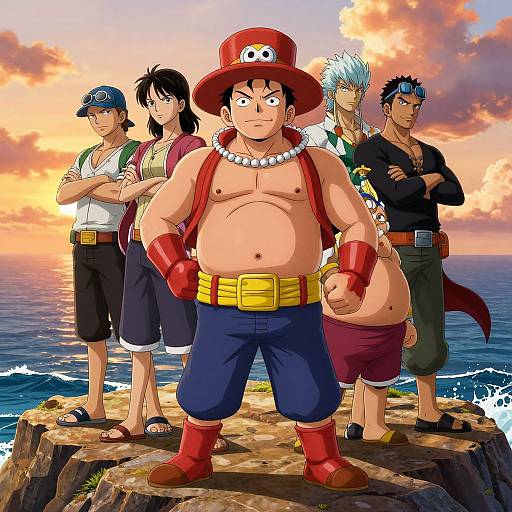 Anime-style group portrait of muscular, shirtless man in red hat and boots, with five other characters, standing on rocky cliff at sunset. Vibrant