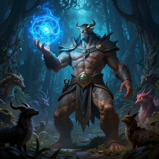 Digital fantasy artwork: muscular, horned demon warrior with glowing blue magic orb, armored with intricate designs, surrounded by glowing-eyed forest creatures.