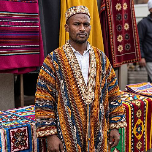 Photograph of a Black man in vibrant, patterned African attire, wearing a white shirt and embroidered cap, standing in front of colorful, traditional textiles