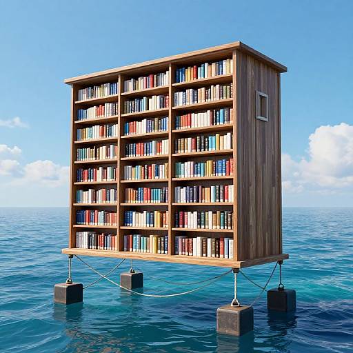 Photorealistic CGI of a wooden, floating bookshelf island with shelves filled with colorful books, anchored on three black pontoons in a clear blue ocean