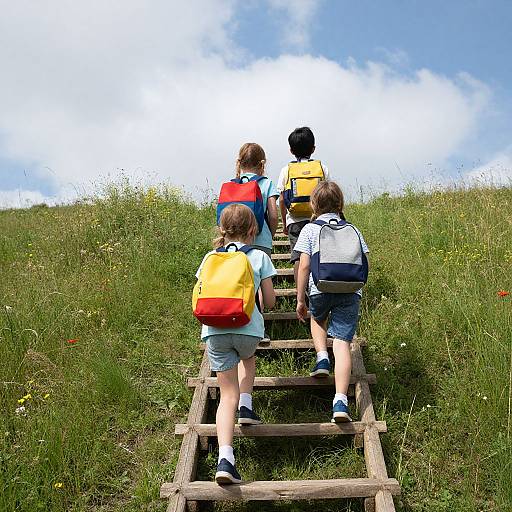 Photograph of five children, wearing backpacks, climbing wooden steps in a grassy hillside, with a bright blue sky in the background.