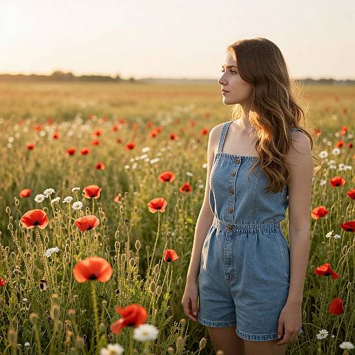 Photograph of a young woman with long, wavy brown hair, wearing a blue denim romper, standing in a sunlit field of red and