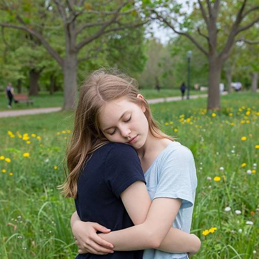 Photograph of a young woman with light brown hair, closed eyes, and pale skin, hugging herself in a green park with yellow daisies