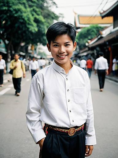 Young Thai Boy in Traditional Costume on Street