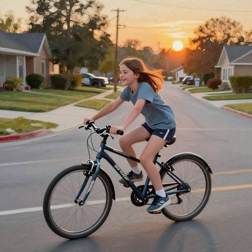 Photograph of a smiling young woman with brown hair, wearing a gray shirt and black shorts, riding a black bicycle on a suburban street at sunset.