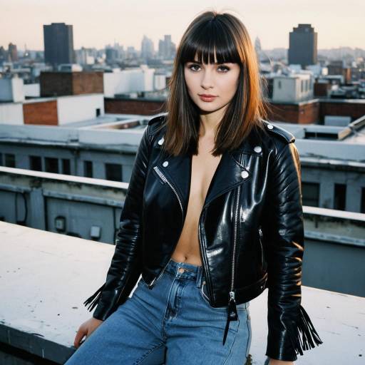 Woman with Blunt Fringe Wearing Leather Jacket on Rooftop