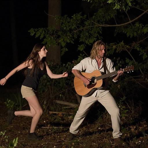 Nighttime Forest Scene with Guitar Duo