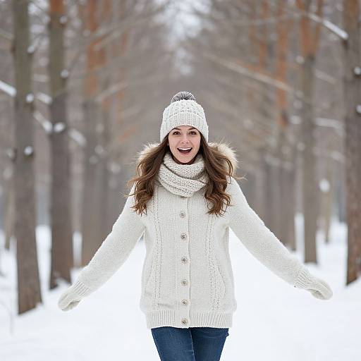 Photograph of a smiling young woman with long brown hair, wearing a white knit hat, scarf, and coat, walking through a snowy forest.