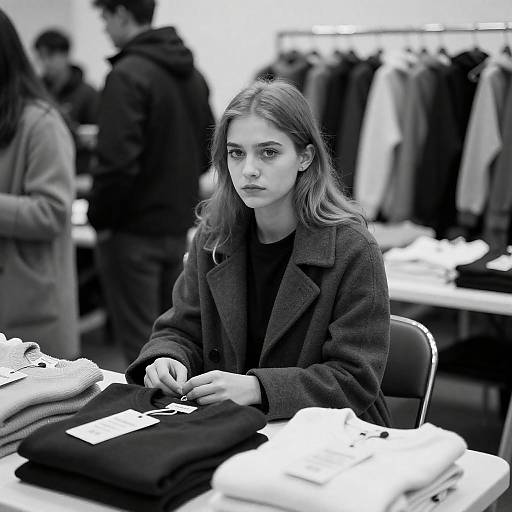 Black-and-White Woman at Clothing Sale