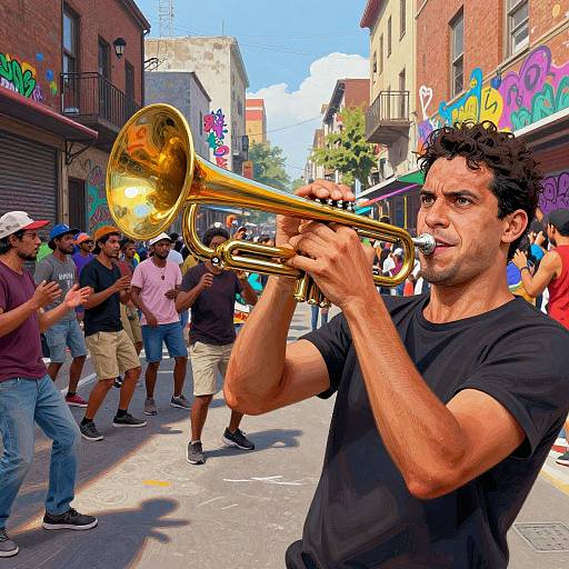 Photograph of a muscular, dark-haired man in a black t-shirt playing a golden trumpet in a vibrant, graffiti-covered street parade. Crowds of