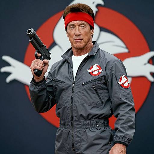 Photograph of a middle-aged man with short brown hair, wearing a red headband, grey jumpsuit with logo, and holding a black handgun,