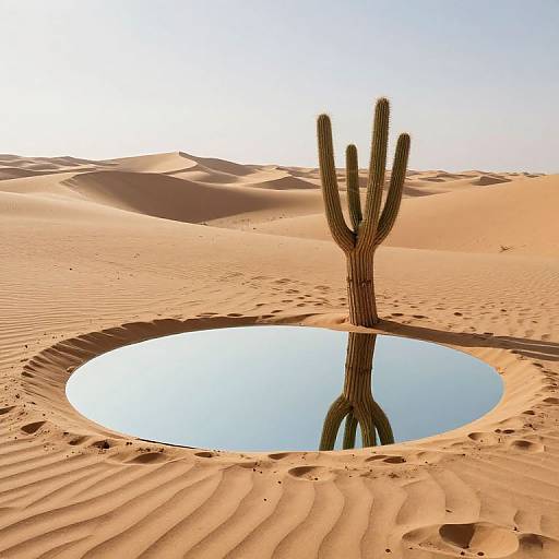 Photograph of a solitary cactus reflected in a circular oasis in a sunlit, rippled desert with golden sand dunes.