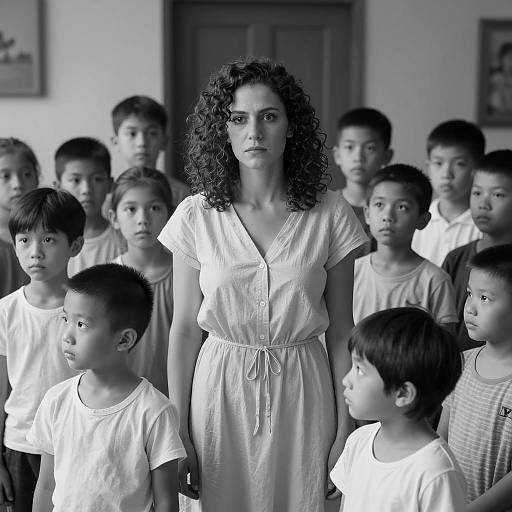 Monochrome Portrait of Woman and Children