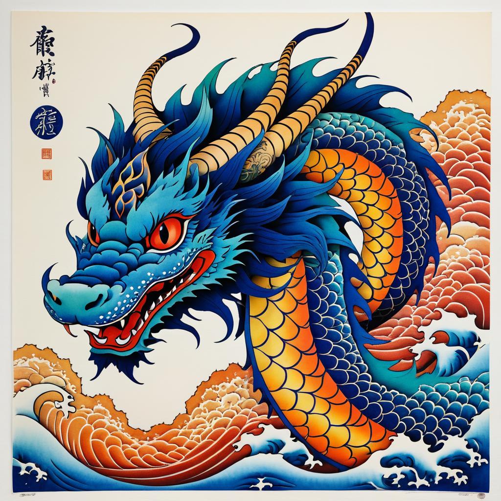 Whimsical Dragon Lithography in Hokusai Style