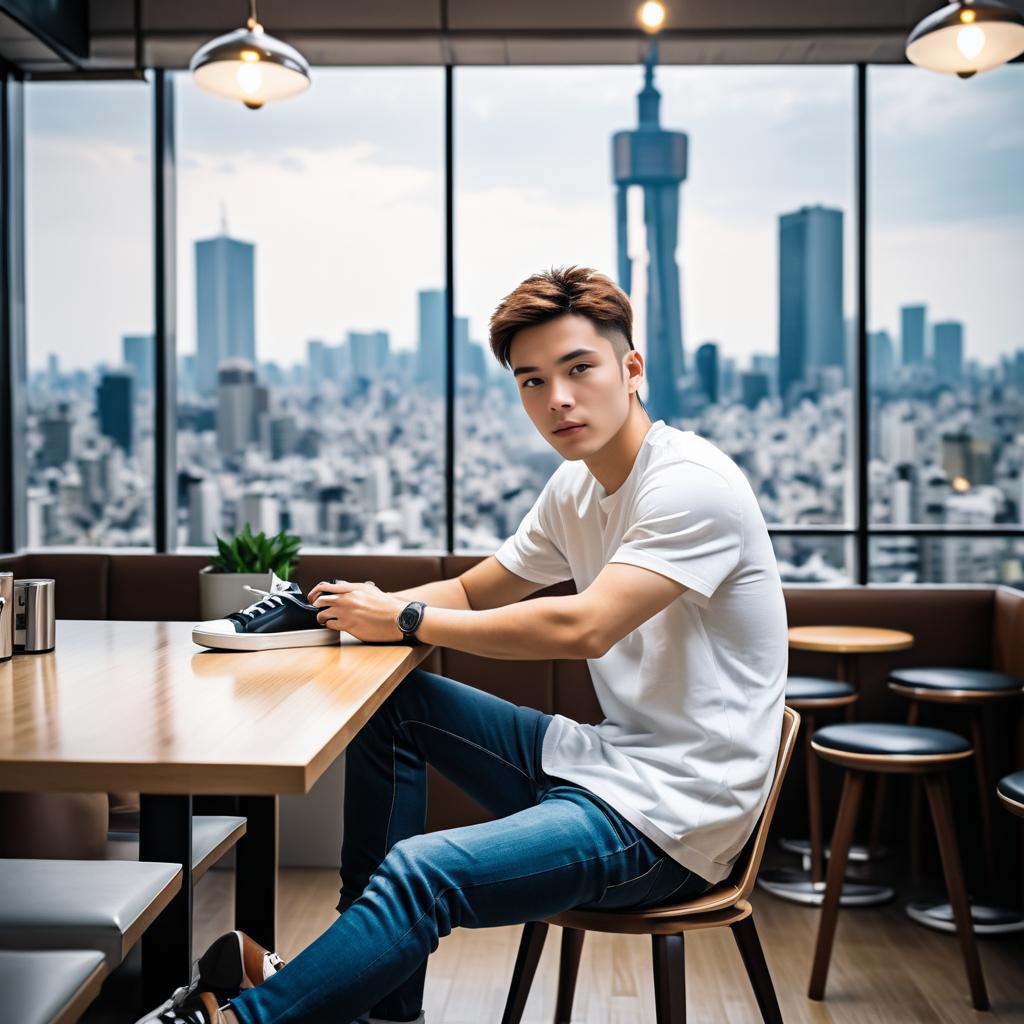 Young Man Relaxing in Tokyo Café