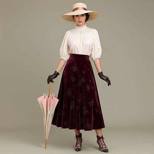 Photograph of a woman in vintage attire: white blouse, black velvet skirt, black gloves, wide-brimmed hat, holding pink umbrella.