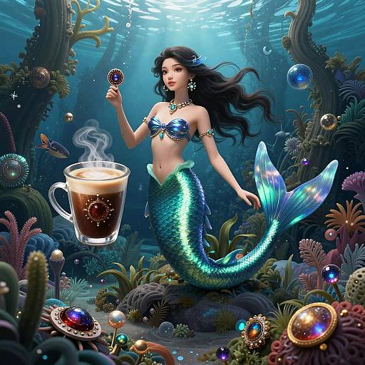 Digital art of a mermaid with blue-green scales, holding a coffee cup, surrounded by colorful sea creatures and bubbles in an underwater coral reef.