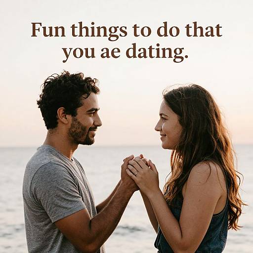 Photograph of a smiling couple holding hands at sunset, with text above: 