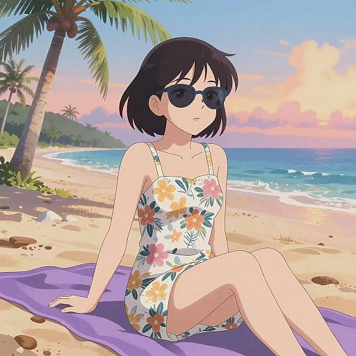Anime Beach Scene with Tropical Vibes