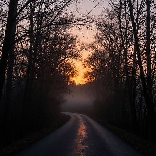 Photograph of a dark, winding forest road at sunset, with silhouetted leafless trees and a vibrant orange-yellow sun peeking through the