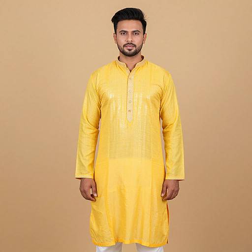 Photograph of a bearded South Asian man in a bright yellow traditional long kurta against a plain beige background.