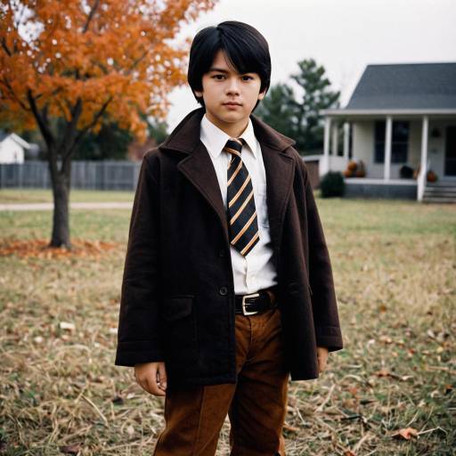 Boy in Brown Coat and Necktie Outdoors