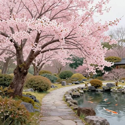 Photograph of a serene Japanese garden with pink cherry blossom trees, a stone path, koi pond, and colorful fish, surrounded by lush greenery