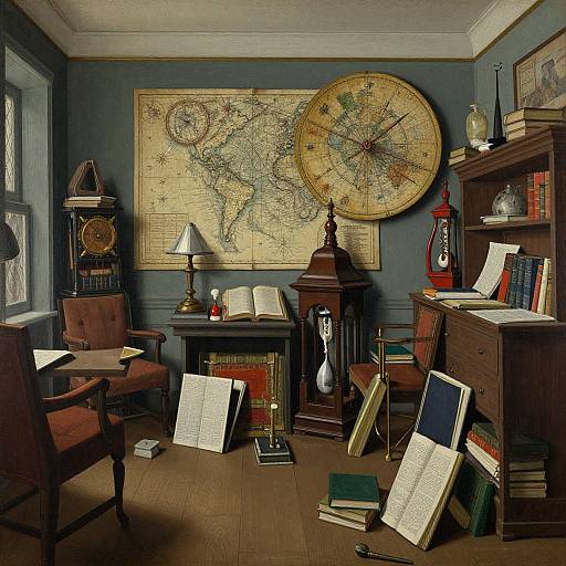 Vintage library photograph: antique furniture, large map, compass, bookshelves, scattered books, globe, lantern, and armchair in dimly lit