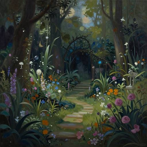 Enchanting, dark forest garden scene with glowing flowers, twinkling lights, and a stone path, illuminated by moonlight, creating a magical atmosphere