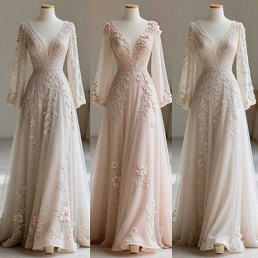 Photograph of three elegant, pastel pink, long-sleeve, V-neck, lace-embroidered evening gowns displayed on white man