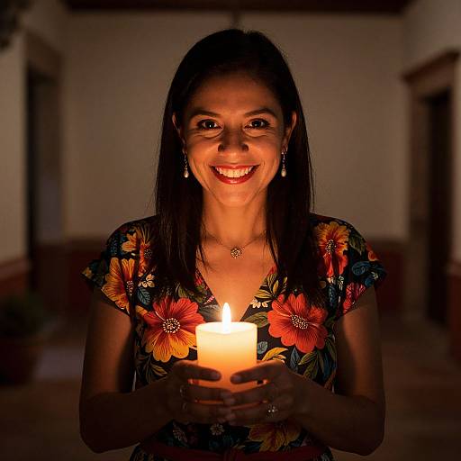 Photograph of a smiling woman with long dark hair, holding a lit candle, wearing a floral dress, in a dimly lit hallway.
