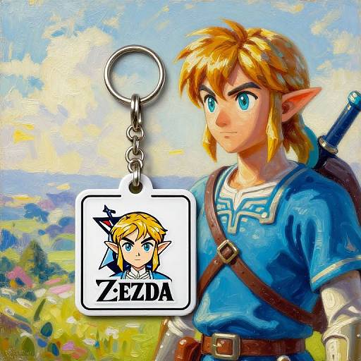 Digital painting of Link from The Legend of Zelda, wearing blue tunic, with keychain featuring his logo, against a colorful landscape.