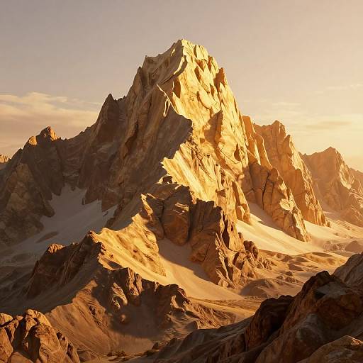 Photograph of a rugged, sunlit mountain peak at sunset, casting golden light on jagged rocks and snow-covered slopes, with a clear sky in