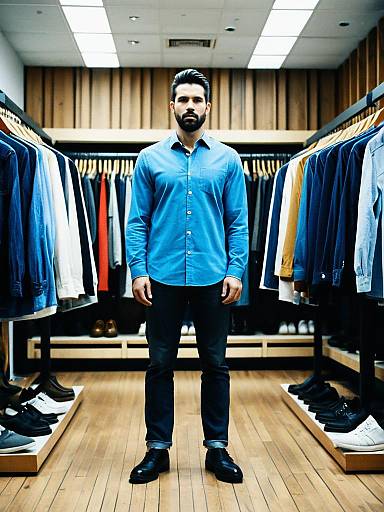 Man in Fashion Boutique Wearing Blue Shirt