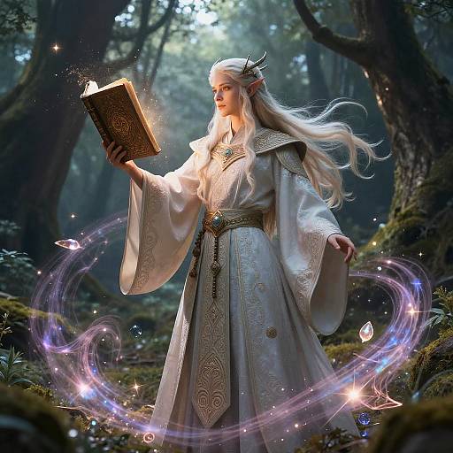 Digital fantasy artwork of an elven woman with white hair, wearing an ornate white robe, reading a glowing book in a mystical forest, surrounded by