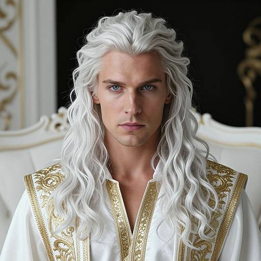 Digital portrait of a white-haired, blue-eyed man with long, wavy hair, wearing an ornate white robe with gold embroidery, against a dark