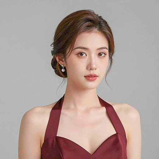 Elegant Woman with Bun Hairstyle in Maroon Dress