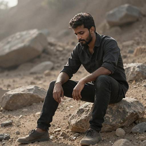 Contemplative Man in Rocky Landscape