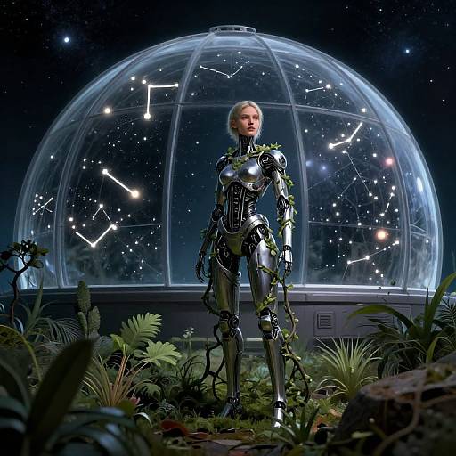 Photorealistic digital artwork of a silver, robotic woman with vines, standing in front of a transparent dome displaying a starry night sky with constell